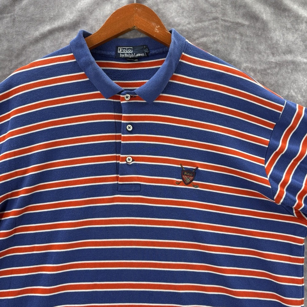 Polo Ralph Lauren‎ Shirt Mens XL Blue Striped VTG 90s Golf Crest Logo